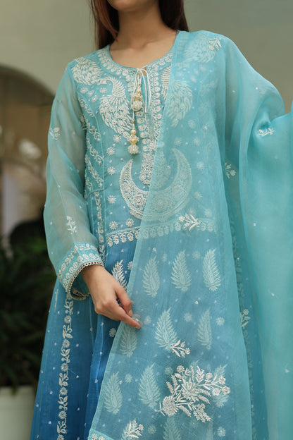 Sky Blue & Teal Green Ombre Shade Noor Organza Chikankari A Line Kurta With Dupatta