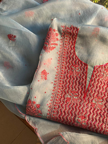 Slate Bllue Shade Noor Organza Silk Chikankari Unstitched Fabric