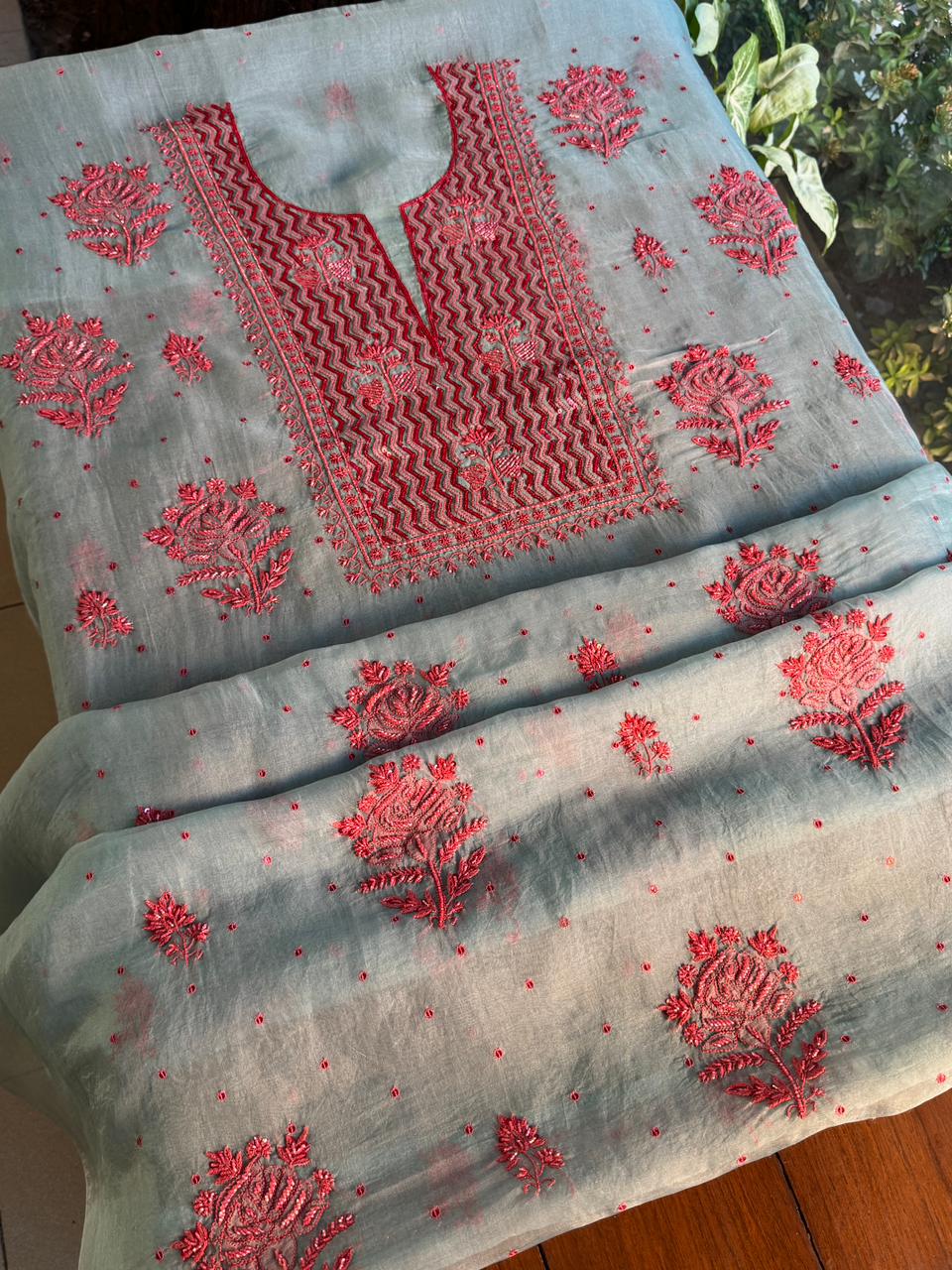 Slate Bllue Shade Noor Organza Silk Chikankari Unstitched Fabric
