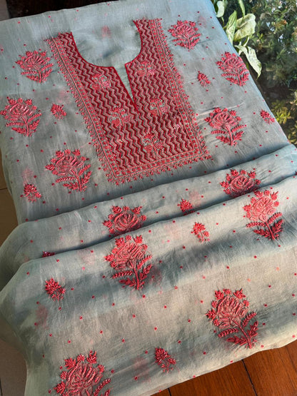Slate Bllue Shade Noor Organza Silk Chikankari Unstitched Fabric