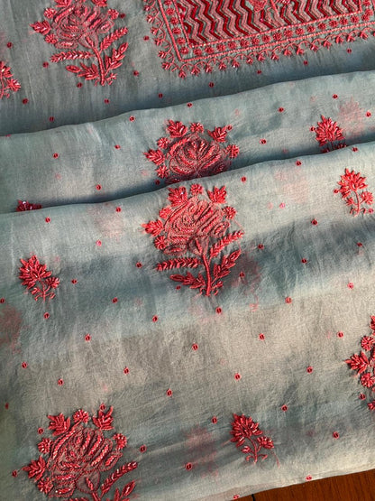 Slate Bllue Shade Noor Organza Silk Chikankari Unstitched Fabric