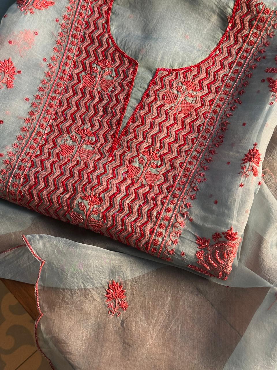 Slate Bllue Shade Noor Organza Silk Chikankari Unstitched Fabric