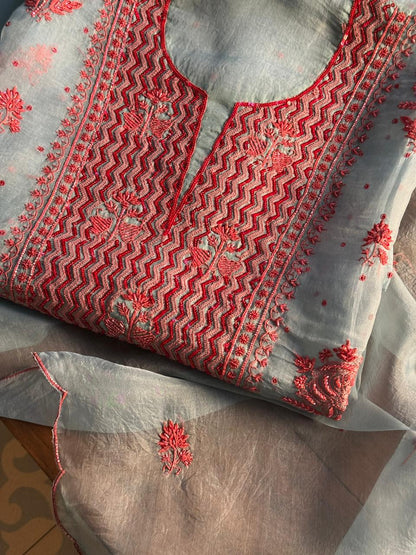 Slate Bllue Shade Noor Organza Silk Chikankari Unstitched Fabric