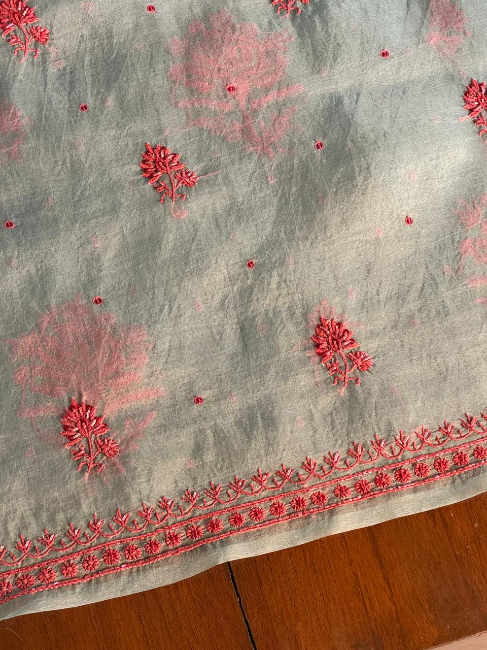 Slate Bllue Shade Noor Organza Silk Chikankari Unstitched Fabric
