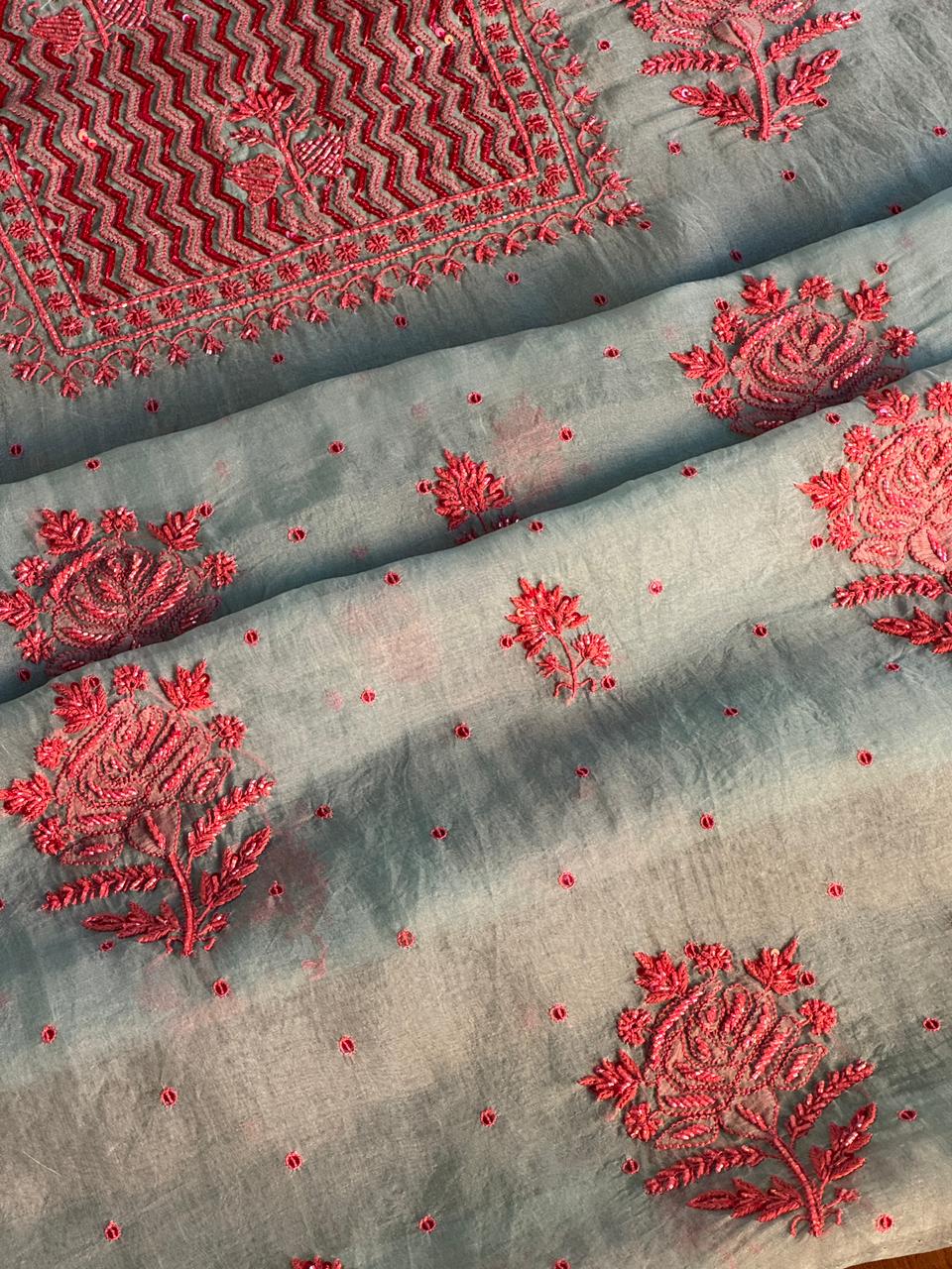 Slate Bllue Shade Noor Organza Silk Chikankari Unstitched Fabric