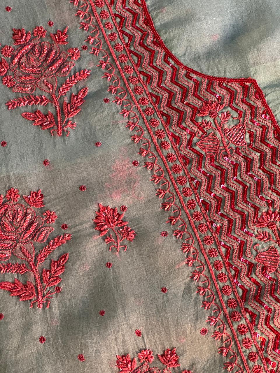 Slate Bllue Shade Noor Organza Silk Chikankari Unstitched Fabric