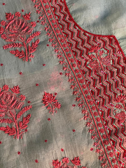 Slate Bllue Shade Noor Organza Silk Chikankari Unstitched Fabric