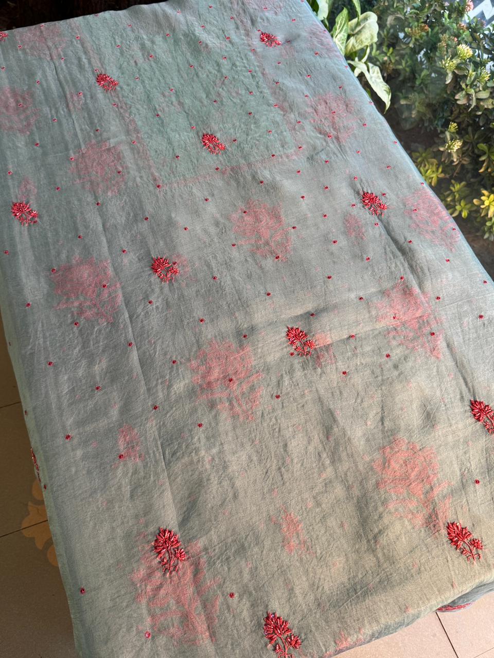 Slate Bllue Shade Noor Organza Silk Chikankari Unstitched Fabric