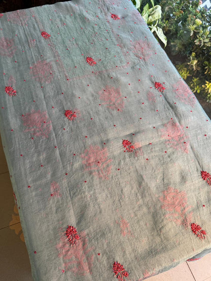 Slate Bllue Shade Noor Organza Silk Chikankari Unstitched Fabric