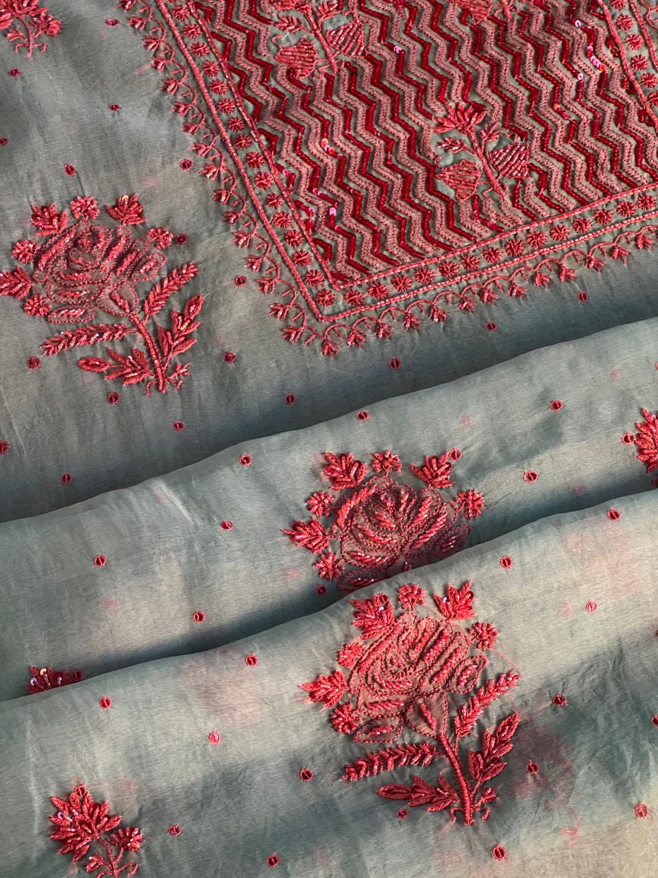 Slate Bllue Shade Noor Organza Silk Chikankari Unstitched Fabric