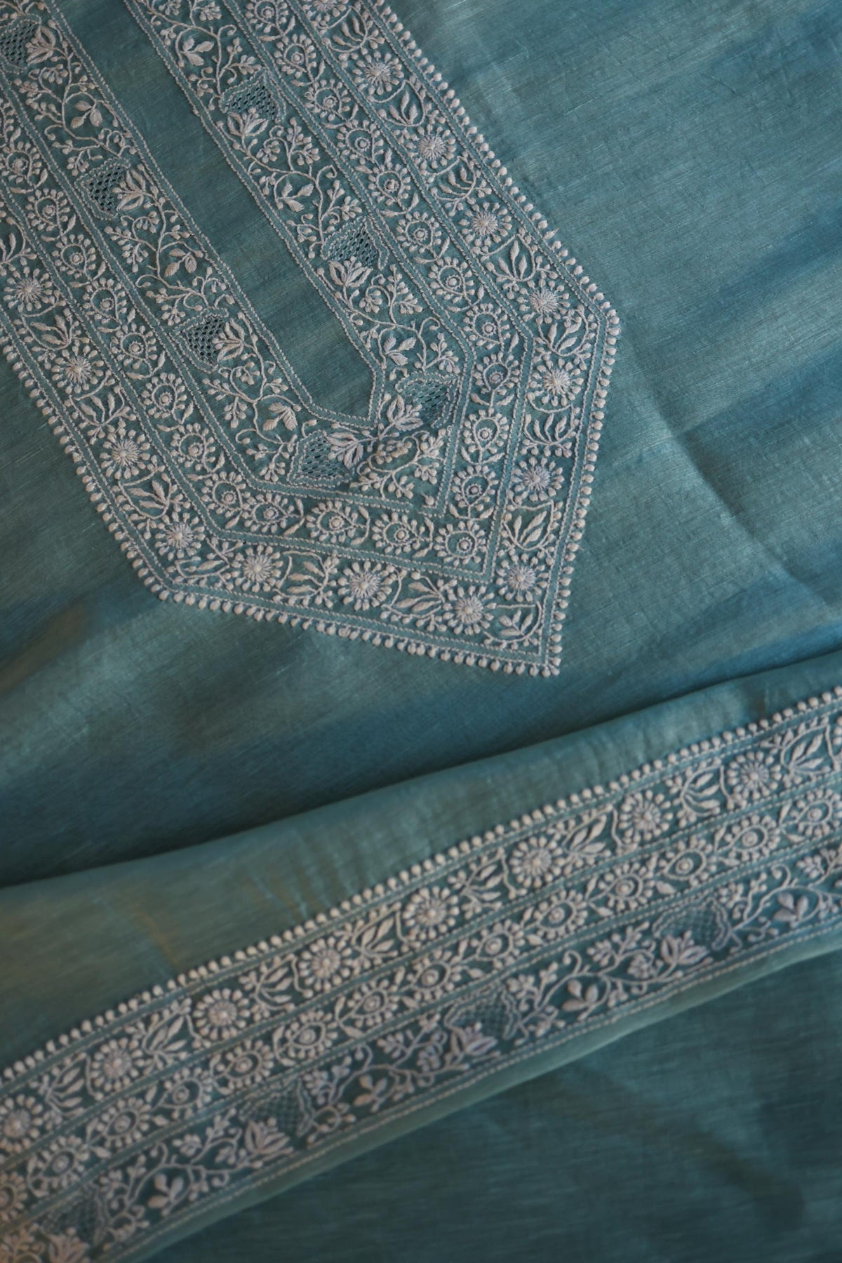 Slate Blue Linen Chikankari Unstitched Men's Kurta Fabric