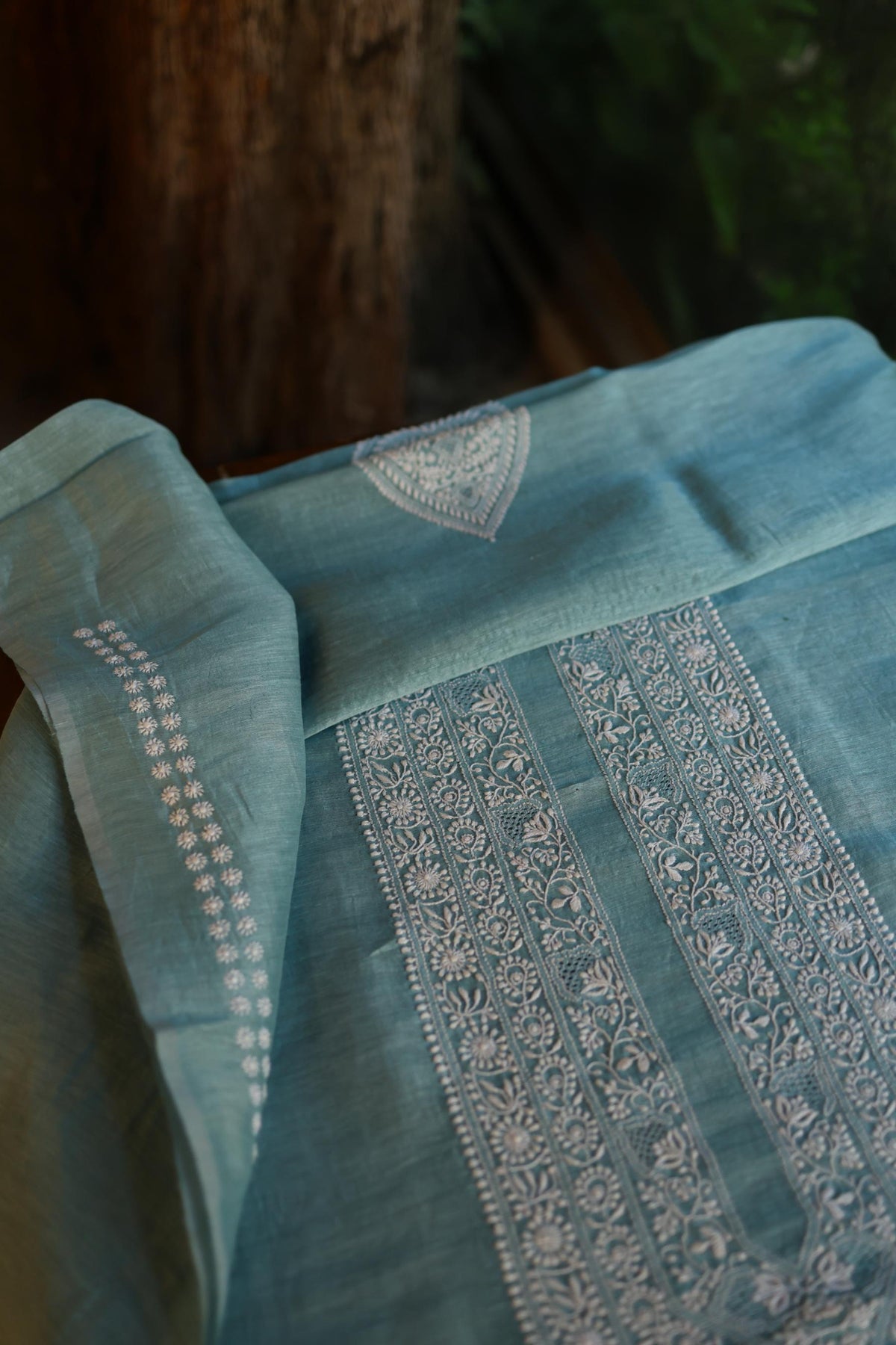 Slate Blue Linen Chikankari Unstitched Men's Kurta Fabric