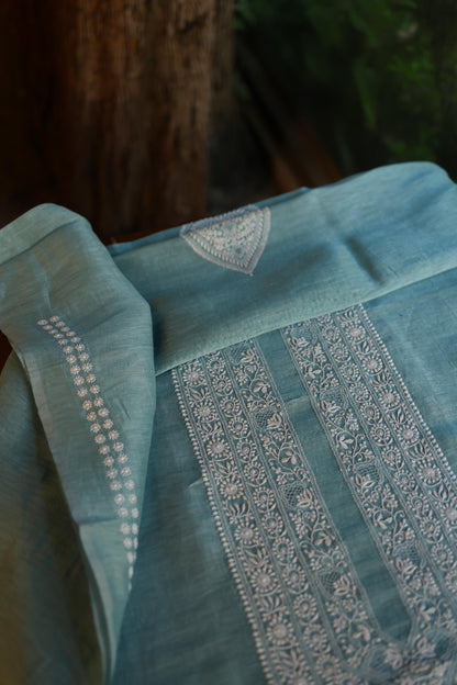 Slate Blue Linen Chikankari Unstitched Men's Kurta Fabric