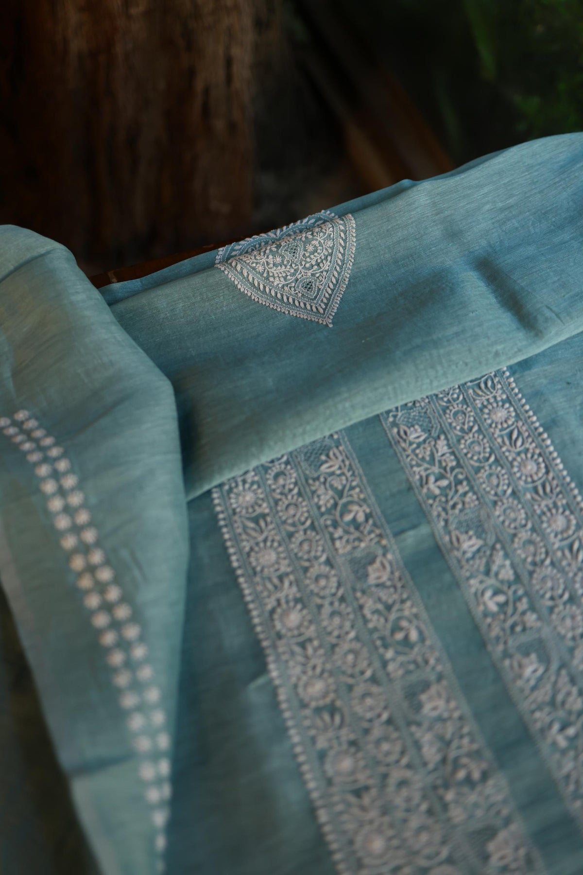 Slate Blue Linen Chikankari Unstitched Men's Kurta Fabric