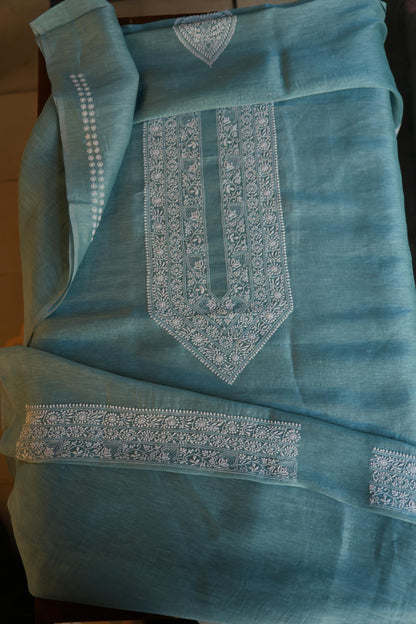 Slate Blue Linen Chikankari Unstitched Men's Kurta Fabric