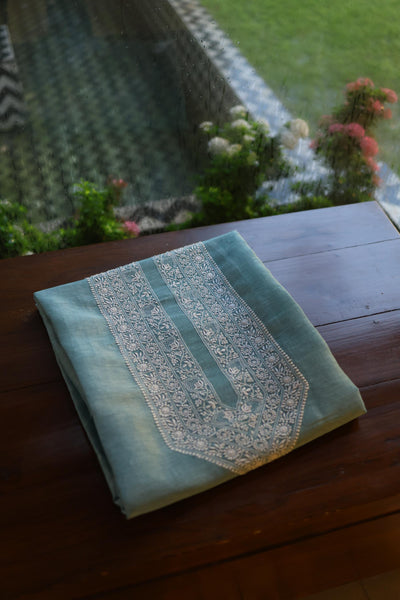 Slate Blue Linen Chikankari Unstitched Men's Kurta Fabric