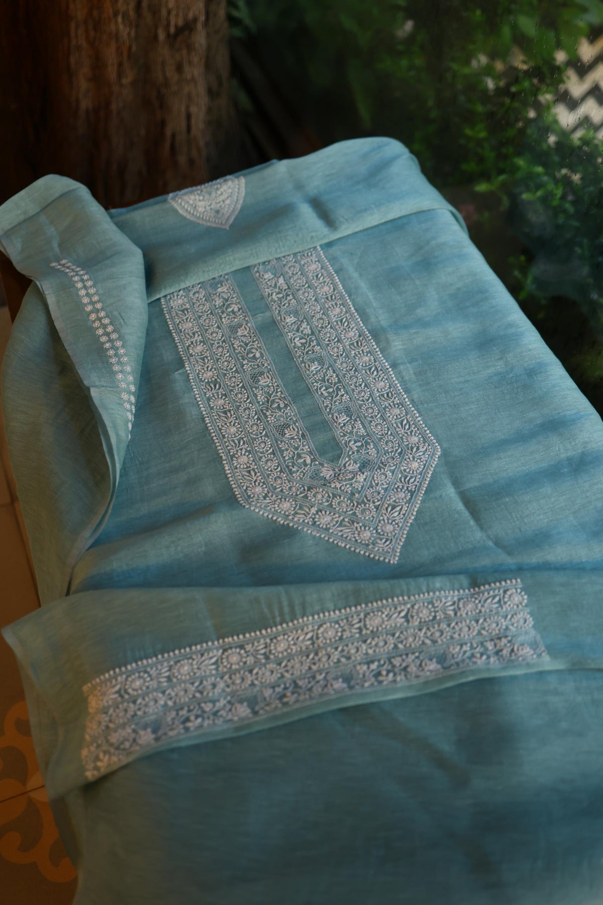 Slate Blue Linen Chikankari Unstitched Men's Kurta Fabric