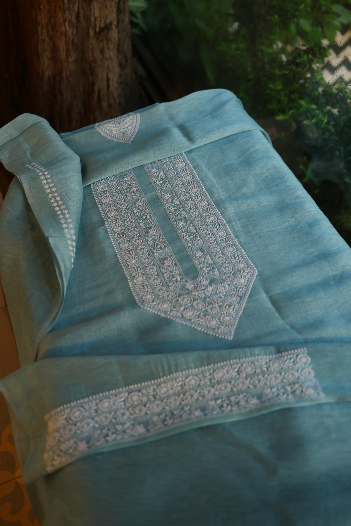 Slate Blue Linen Chikankari Unstitched Men's Kurta Fabric