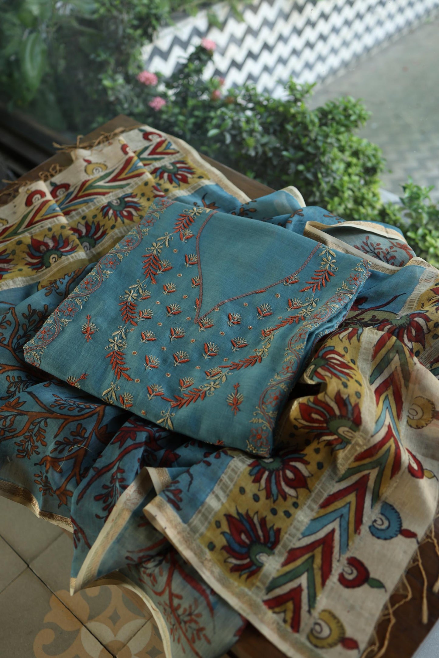 Slate Blue Mul Chanderi Silk Kalamkari Unstitched Kurta Dupatta Set