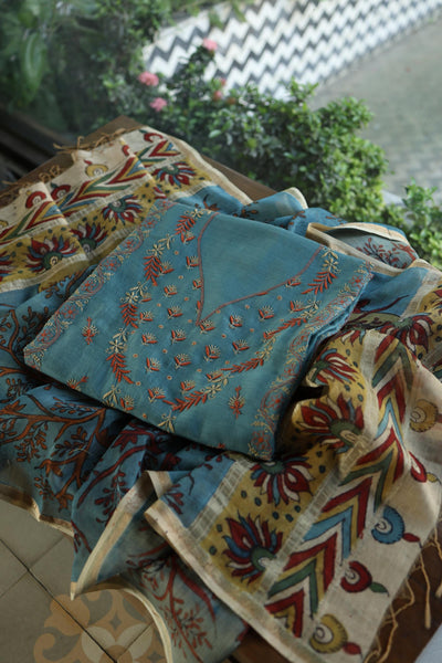 Slate Blue Mul Chanderi Silk Kalamkari Unstitched Kurta Dupatta Set