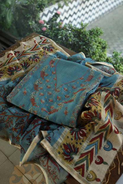 Slate Blue Mul Chanderi Silk Kalamkari Unstitched Kurta Dupatta Set