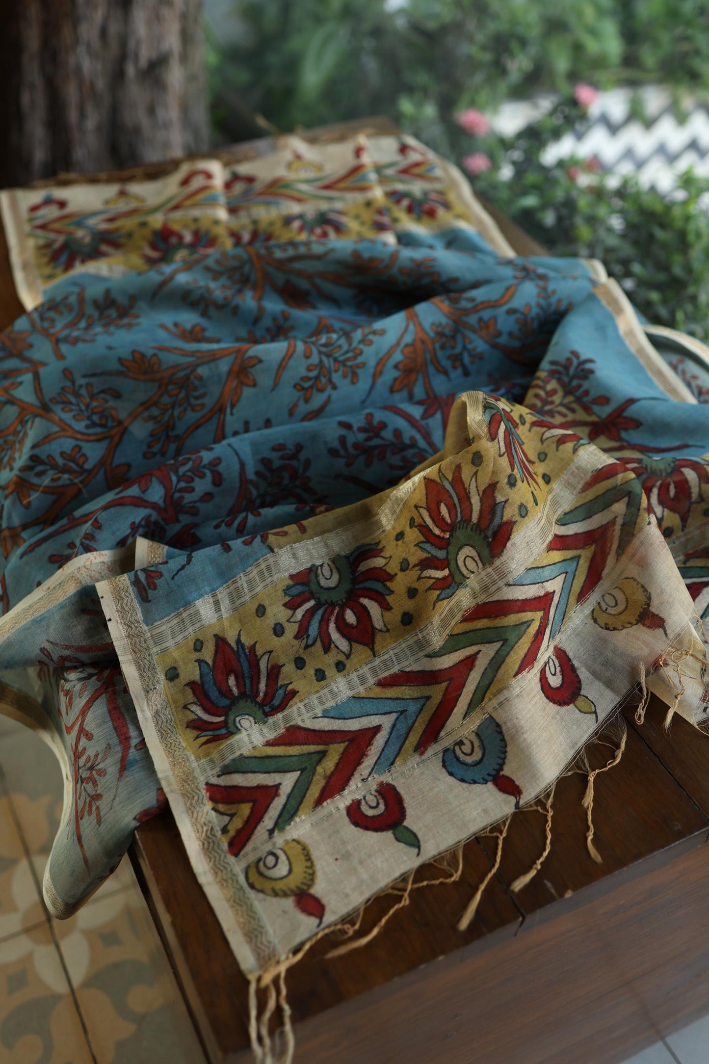 Slate Blue Mul Chanderi Silk Kalamkari Unstitched Kurta Dupatta Set