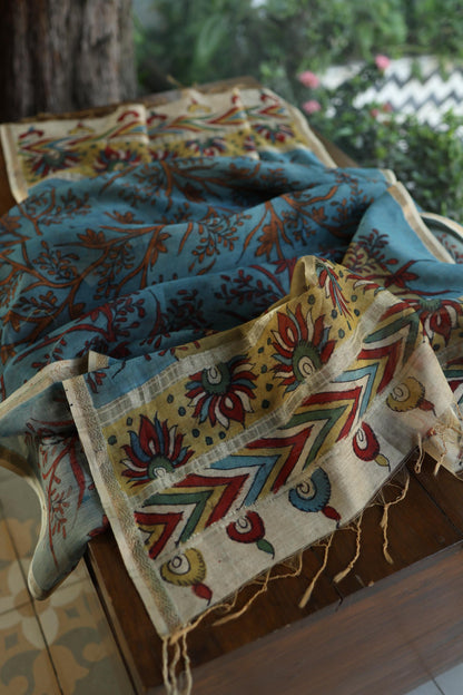 Slate Blue Mul Chanderi Silk Kalamkari Unstitched Kurta Dupatta Set