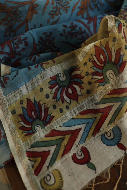 Slate Blue Mul Chanderi Silk Kalamkari Unstitched Kurta Dupatta Set