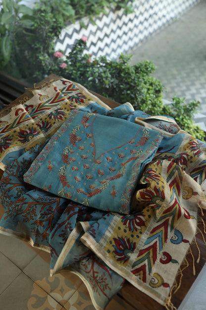 Slate Blue Mul Chanderi Silk Kalamkari Unstitched Kurta Dupatta Set