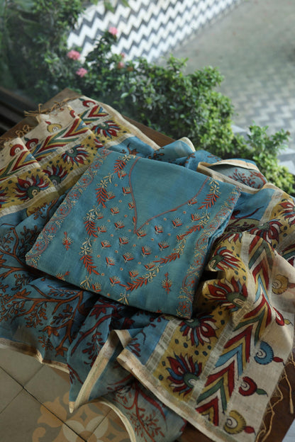 Slate Blue Mul Chanderi Silk Kalamkari Unstitched Kurta Dupatta Set