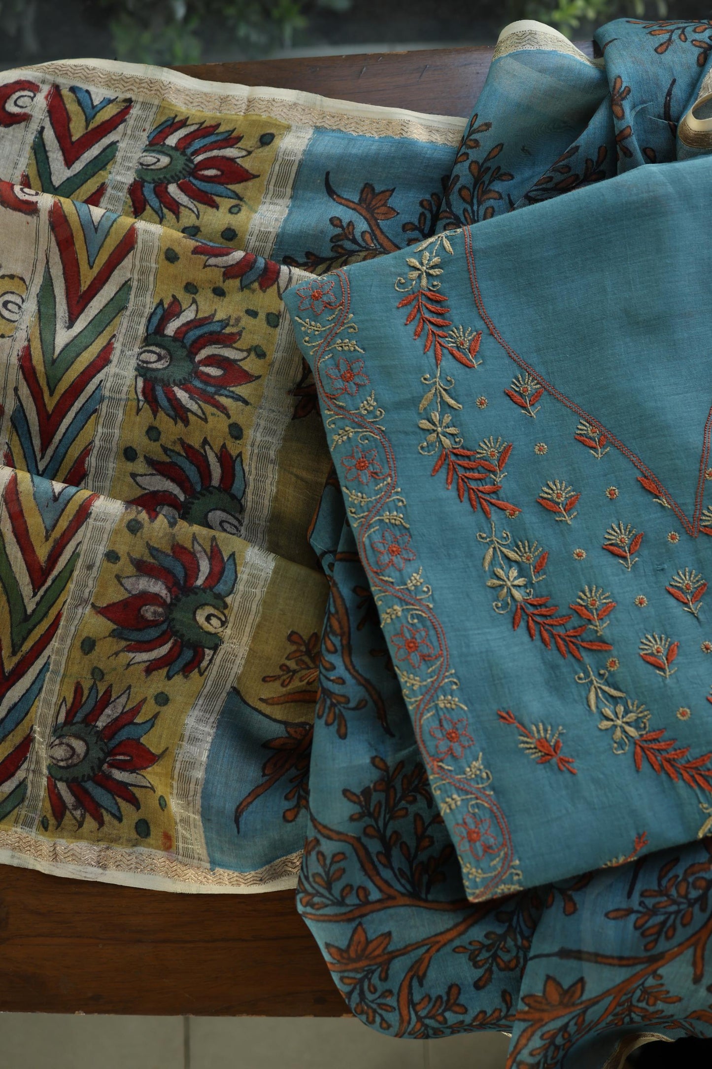 Slate Blue Mul Chanderi Silk Kalamkari Unstitched Kurta Dupatta Set