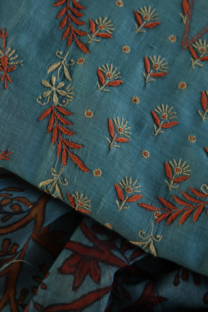 Slate Blue Mul Chanderi Silk Kalamkari Unstitched Kurta Dupatta Set