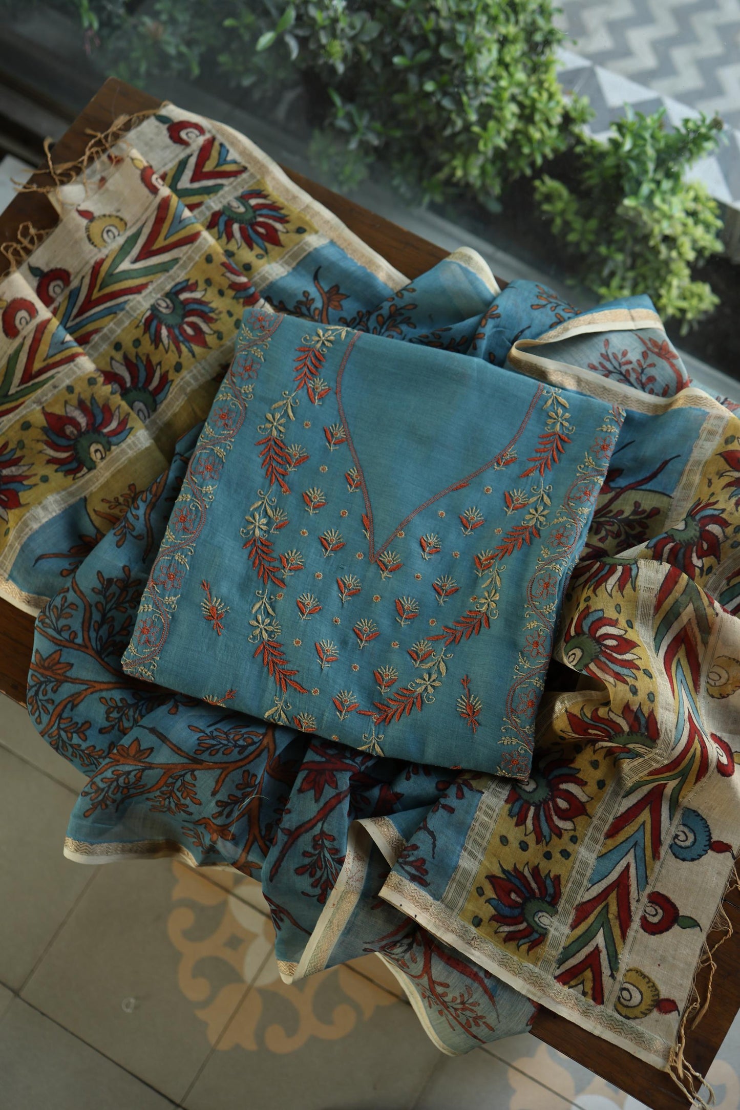 Slate Blue Mul Chanderi Silk Kalamkari Unstitched Kurta Dupatta Set