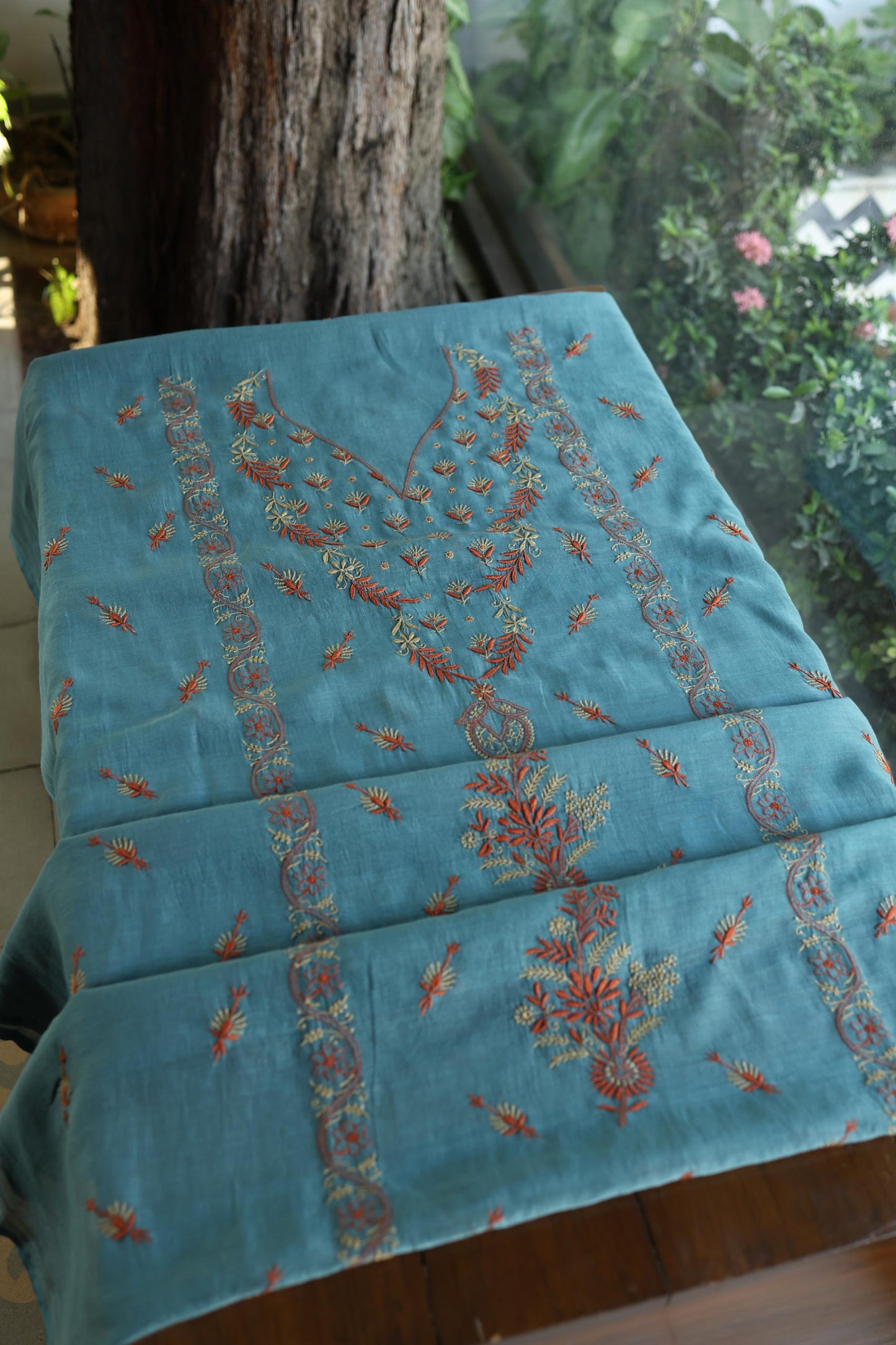 Slate Blue Mul Chanderi Silk Kalamkari Unstitched Kurta Dupatta Set