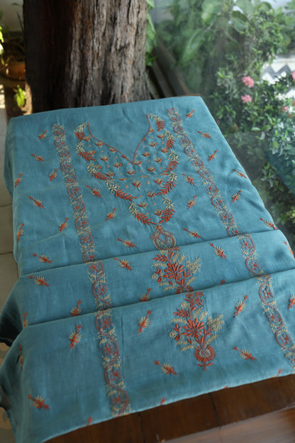 Slate Blue Mul Chanderi Silk Kalamkari Unstitched Kurta Dupatta Set