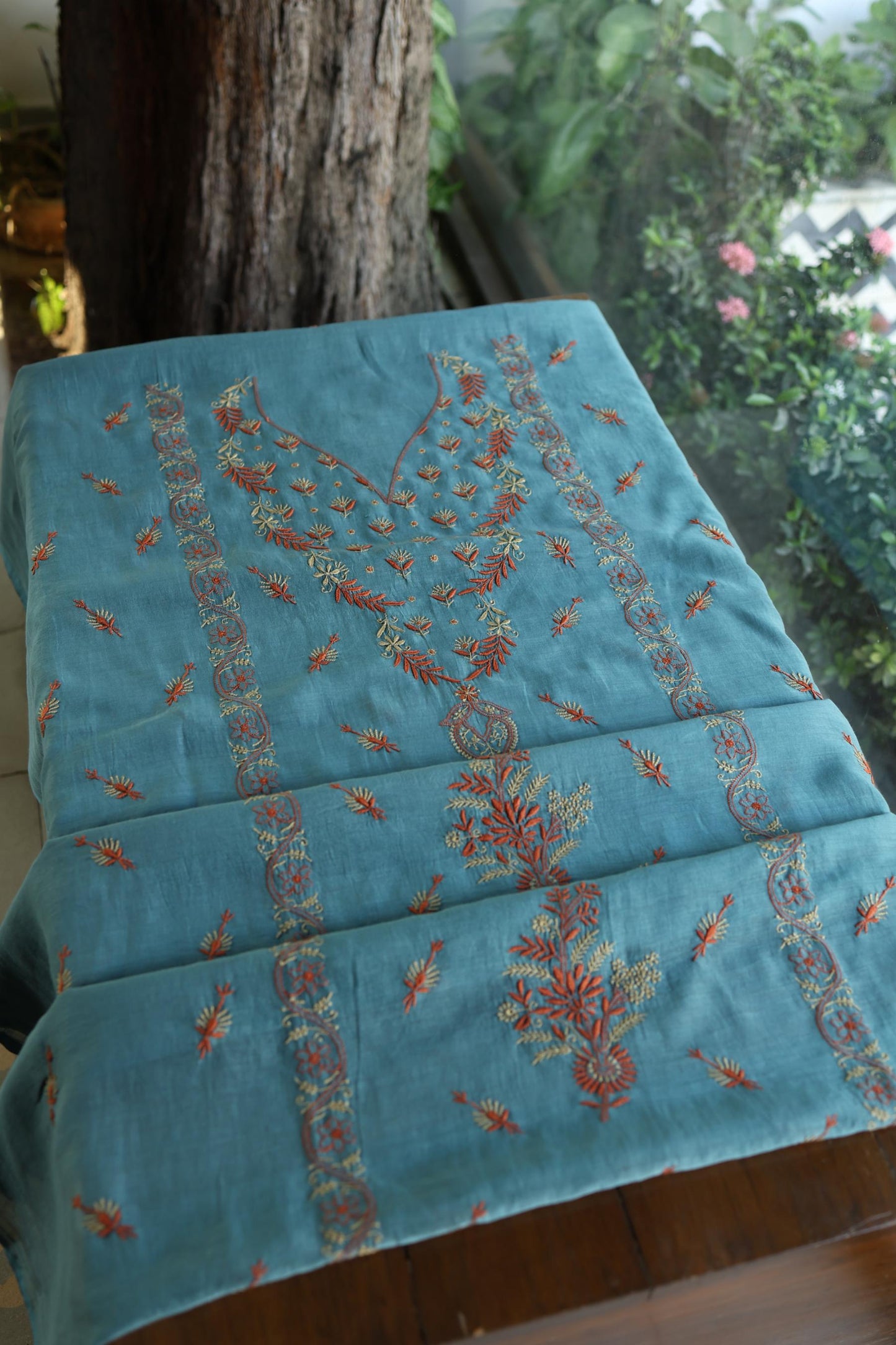 Slate Blue Mul Chanderi Silk Kalamkari Unstitched Kurta Dupatta Set