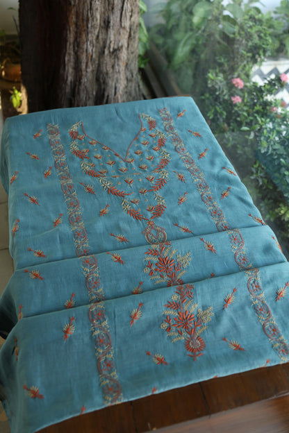 Slate Blue Mul Chanderi Silk Kalamkari Unstitched Kurta Dupatta Set