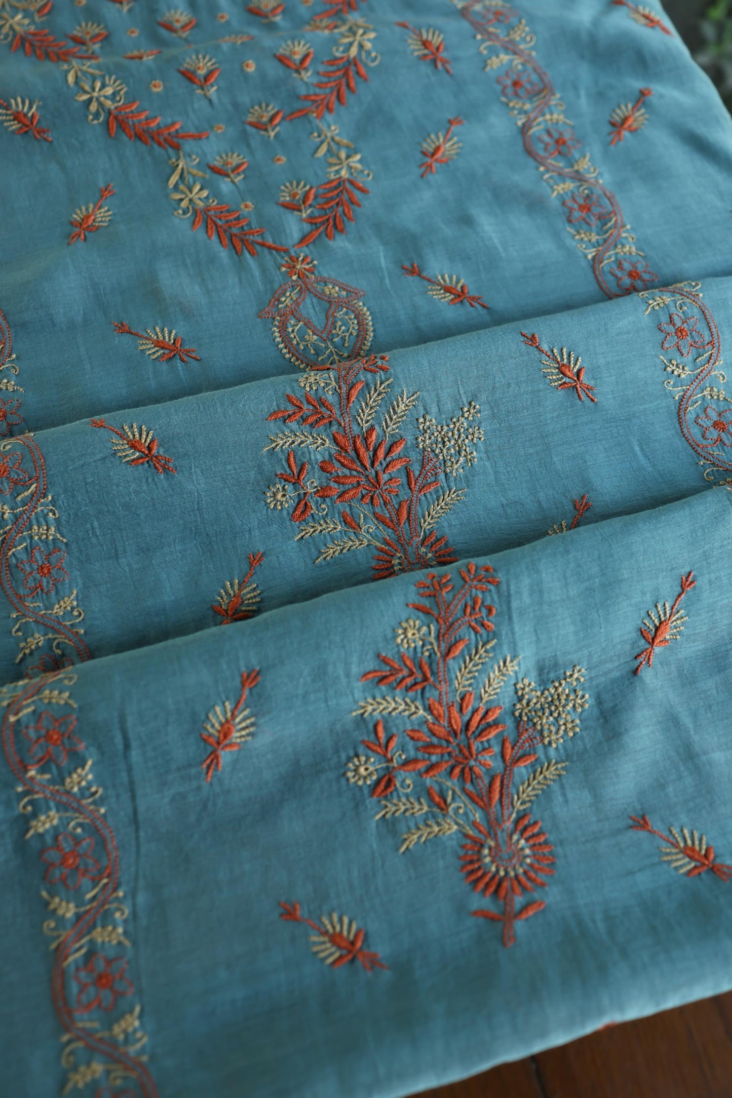 Slate Blue Mul Chanderi Silk Kalamkari Unstitched Kurta Dupatta Set