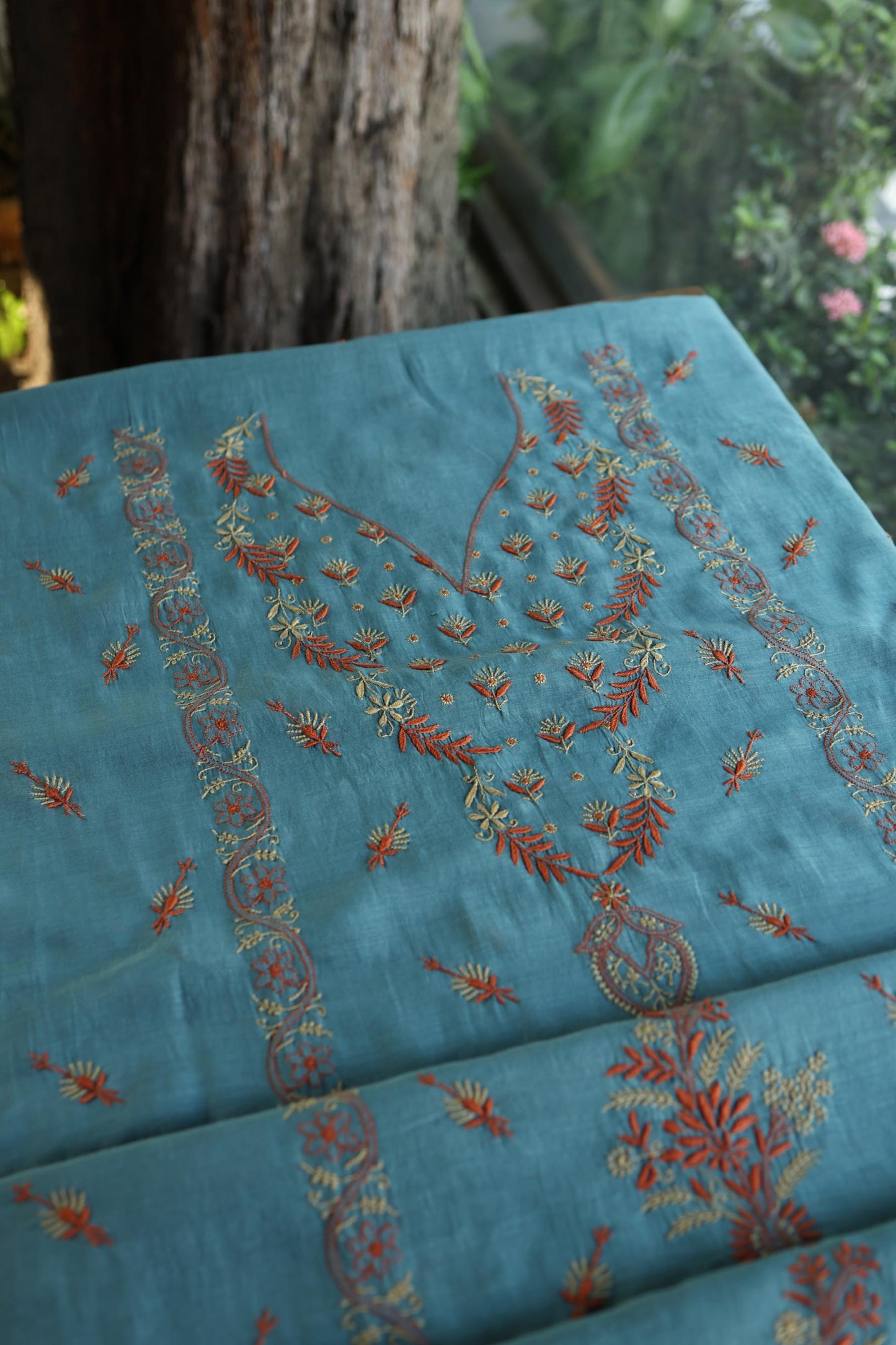Slate Blue Mul Chanderi Silk Kalamkari Unstitched Kurta Dupatta Set