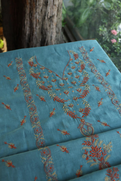 Slate Blue Mul Chanderi Silk Kalamkari Unstitched Kurta Dupatta Set