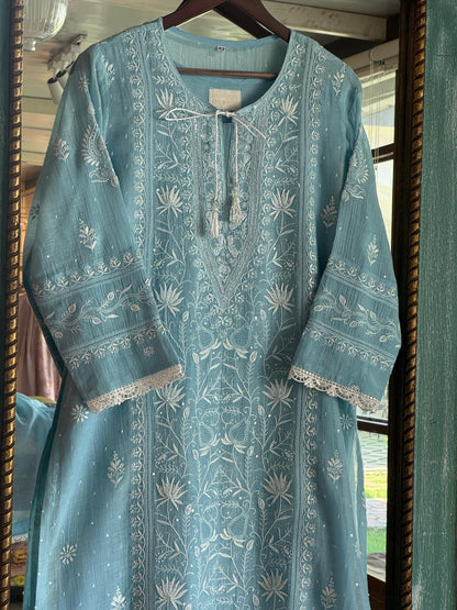 Slate Blue Mulmul Pearl White Chikankari Ready to Wear Kurta Set