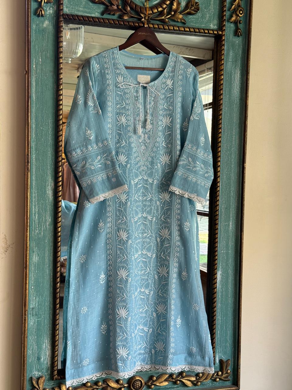 Slate Blue Mulmul Pearl White Chikankari Ready to Wear Kurta Set