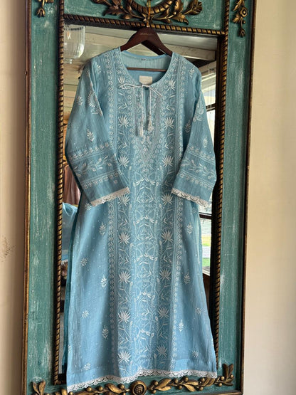 Slate Blue Mulmul Pearl White Chikankari Ready to Wear Kurta Set