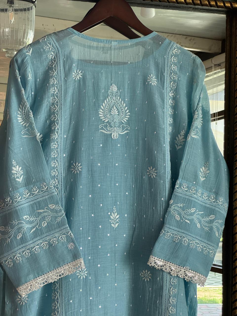 Slate Blue Mulmul Pearl White Chikankari Ready to Wear Kurta Set