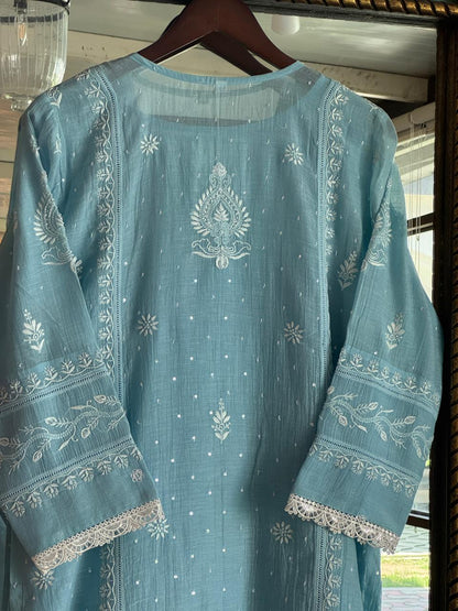 Slate Blue Mulmul Pearl White Chikankari Ready to Wear Kurta Set