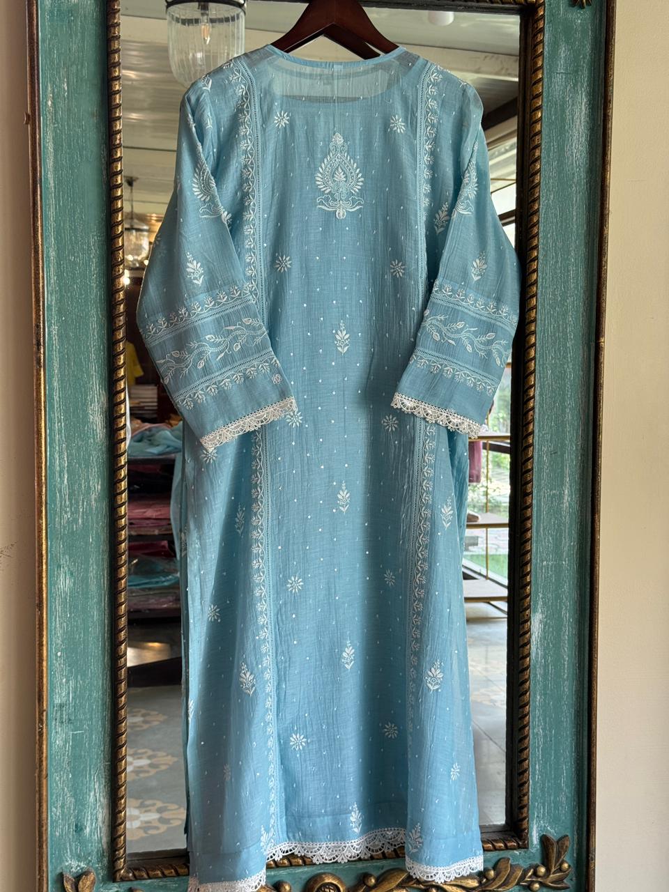 Slate Blue Mulmul Pearl White Chikankari Ready to Wear Kurta Set