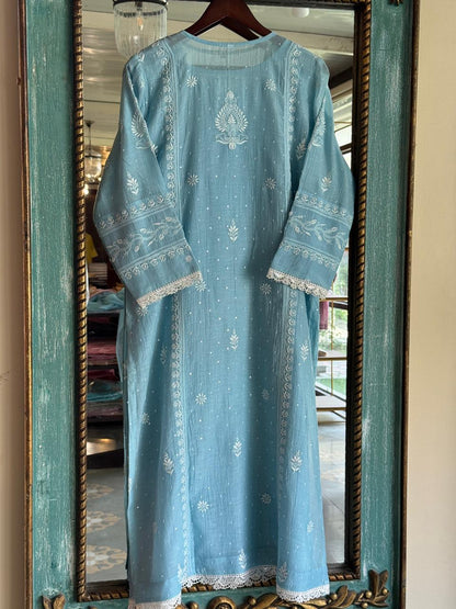 Slate Blue Mulmul Pearl White Chikankari Ready to Wear Kurta Set