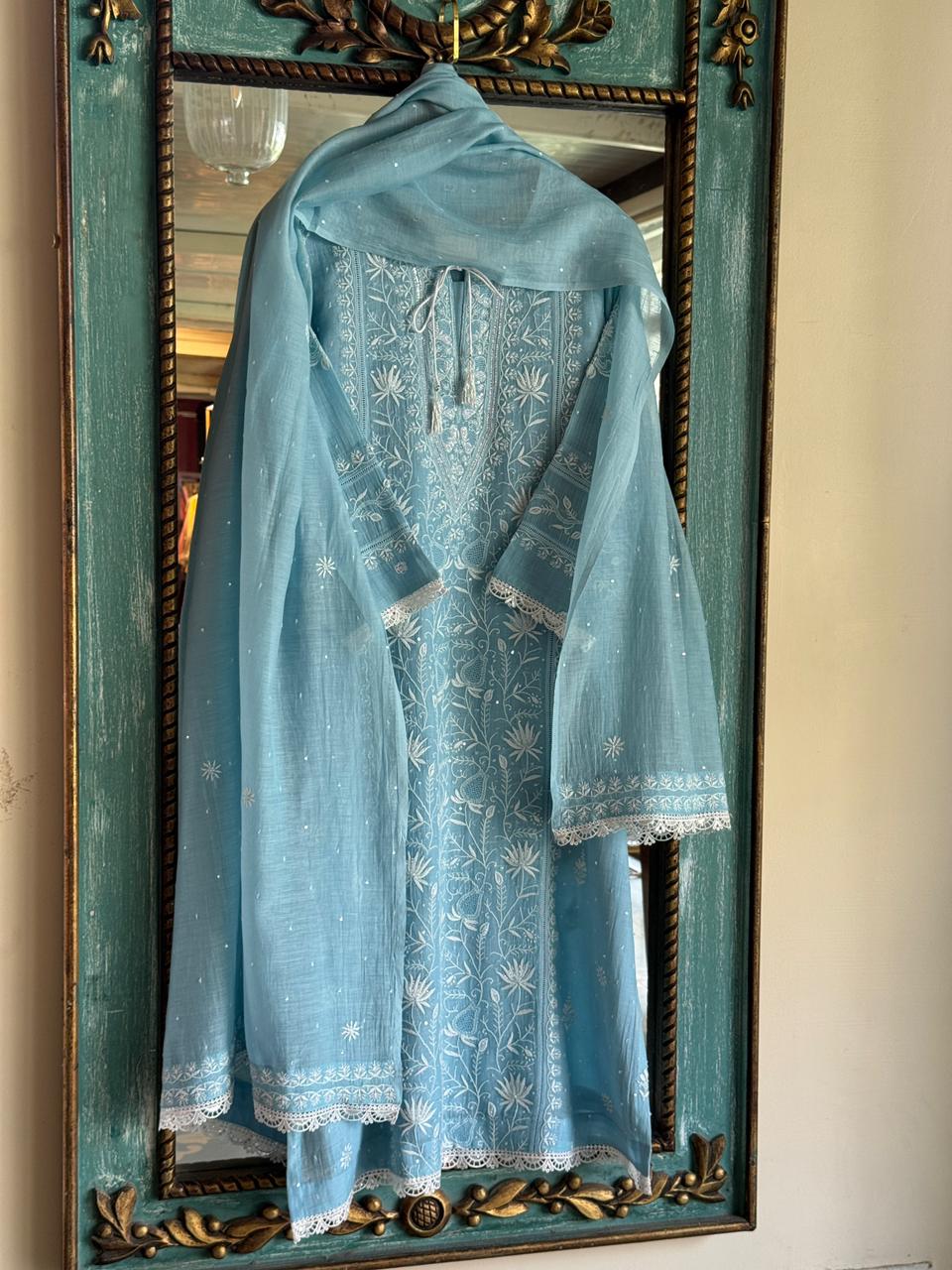 Slate Blue Mulmul Pearl White Chikankari Ready to Wear Kurta Set