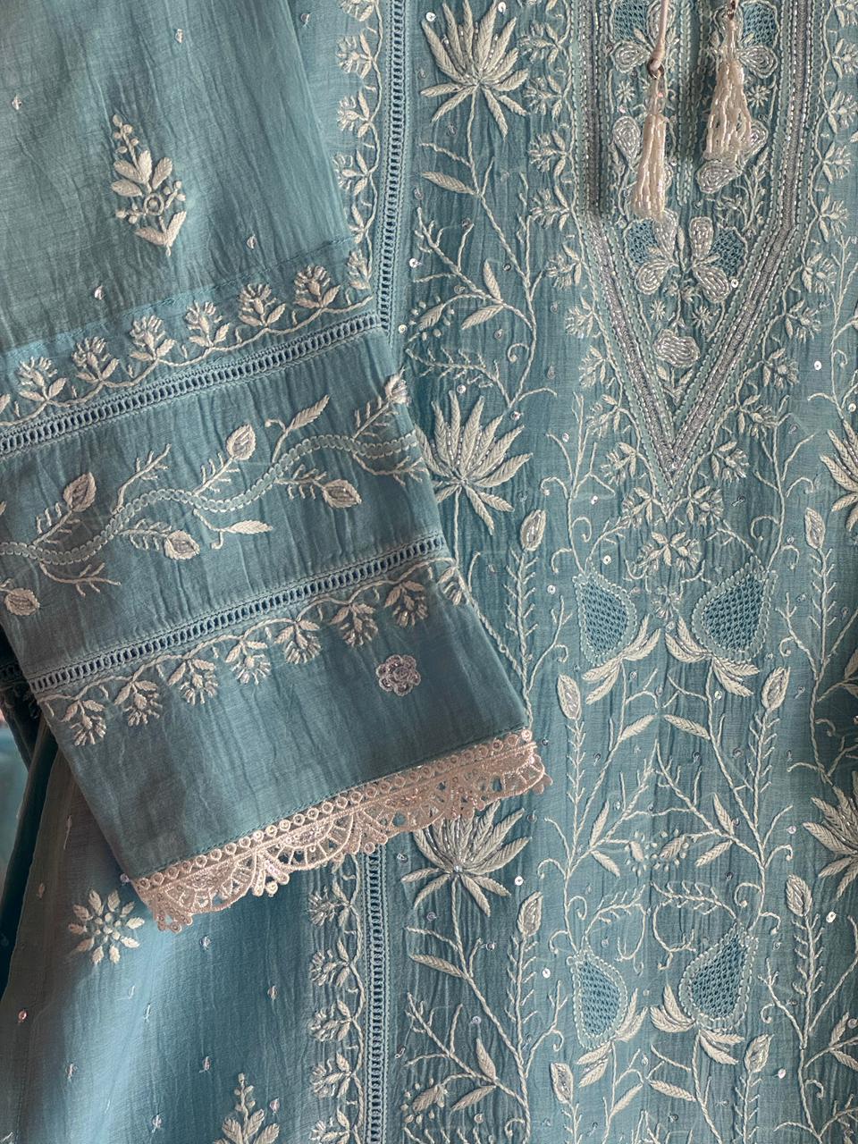 Slate Blue Mulmul Pearl White Chikankari Ready to Wear Kurta Set