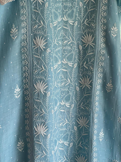 Slate Blue Mulmul Pearl White Chikankari Ready to Wear Kurta Set